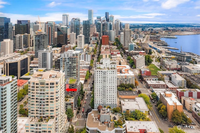 property's view of city featuring a water view