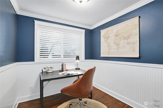 office area featuring crown molding and wood-type flooring