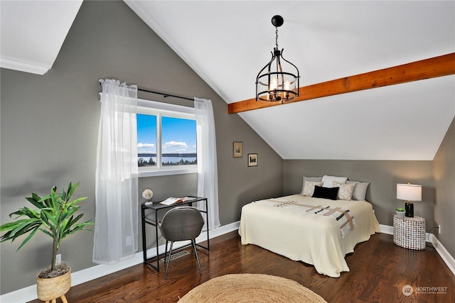 bedroom with lofted ceiling with beams, a chandelier, and dark hardwood / wood-style flooring