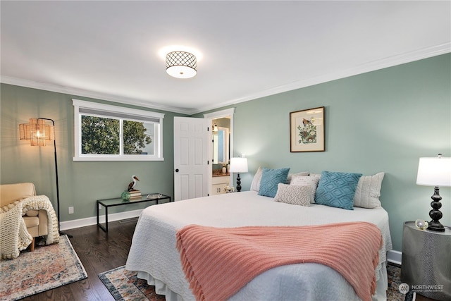 bedroom featuring dark wood-type flooring and ornamental molding