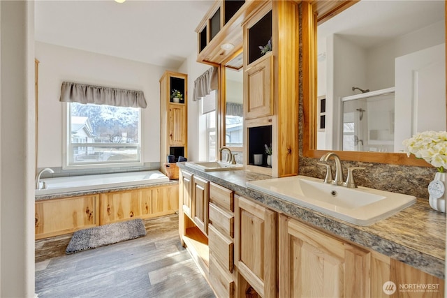 bathroom with vanity and hardwood / wood-style flooring