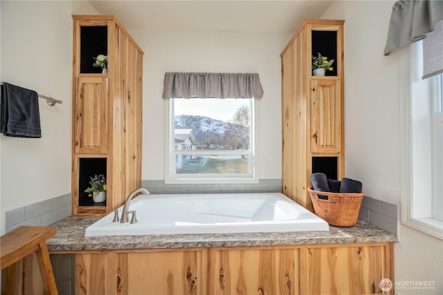 bathroom featuring a mountain view and a washtub