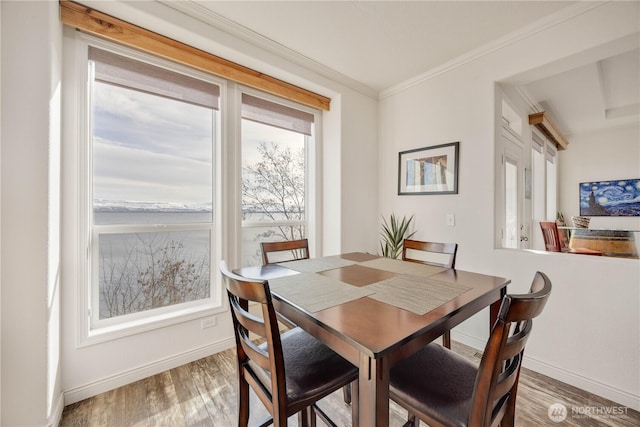 dining room featuring wood-type flooring and ornamental molding