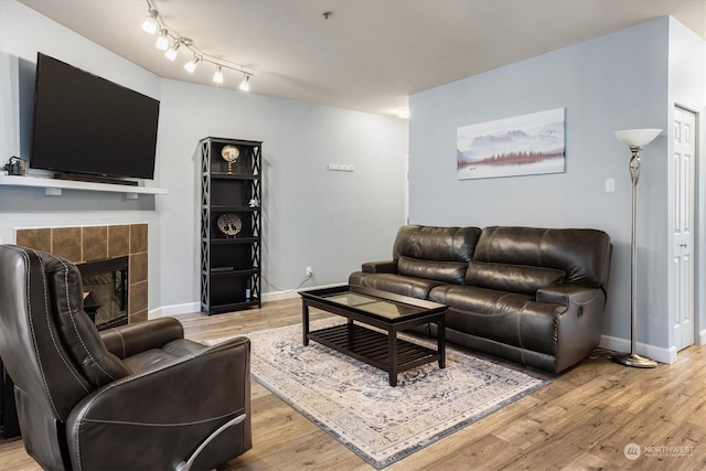 living room featuring a fireplace and light hardwood / wood-style floors