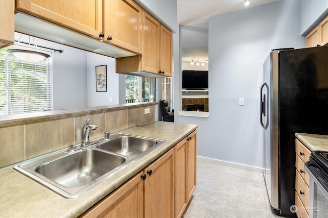 kitchen featuring stainless steel appliances, sink, and a fireplace