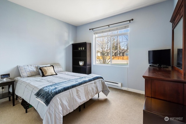 carpeted bedroom with baseboard heating