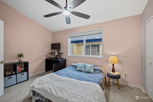 bedroom featuring light colored carpet and ceiling fan