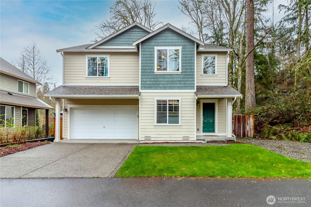 view of front of home with aphalt driveway, roof with shingles, fence, a front lawn, and an attached garage