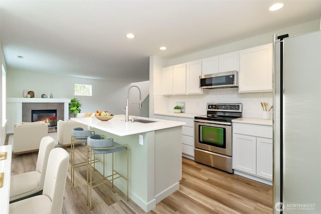 kitchen with white cabinetry, backsplash, light wood-style floors, stainless steel appliances, and a sink