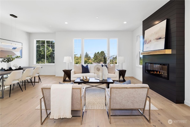 living room featuring plenty of natural light, a large fireplace, and light hardwood / wood-style floors