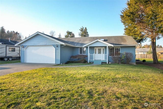 single story home with french doors, a garage, and a front lawn