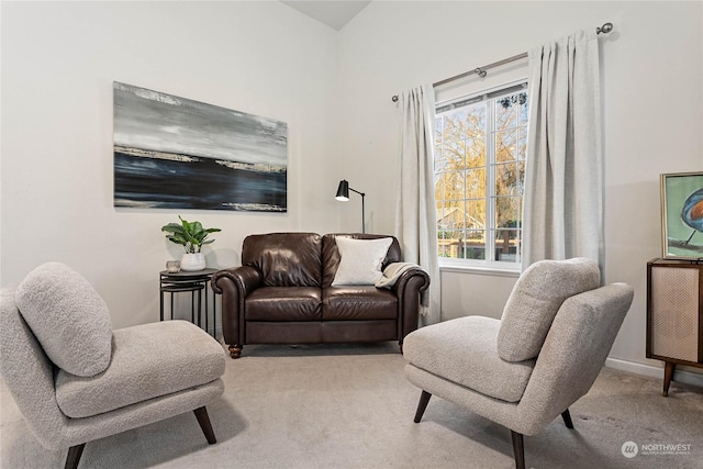 sitting room featuring light colored carpet