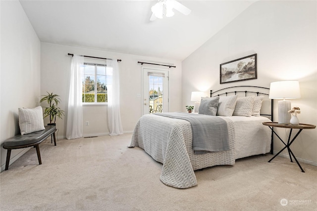 carpeted bedroom with lofted ceiling, access to exterior, and ceiling fan