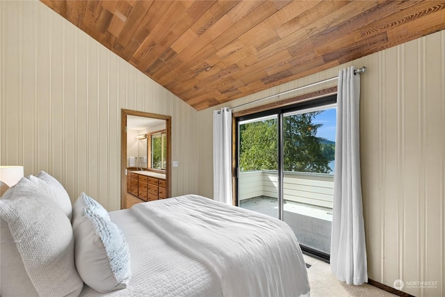 carpeted bedroom featuring wood ceiling, wood walls, lofted ceiling, and access to outside