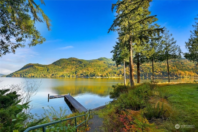 view of dock featuring a water and mountain view