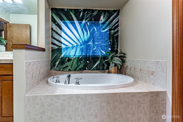 bathroom with vanity and tiled bath