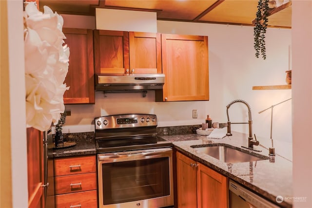 kitchen featuring dark stone countertops, sink, stainless steel electric stove, and black dishwasher