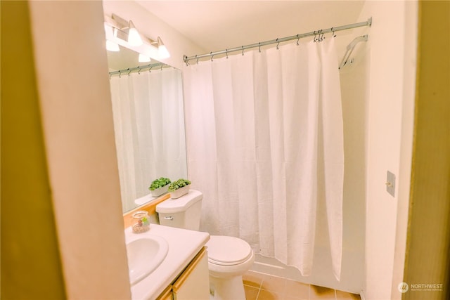 full bathroom with shower / bath combination with curtain, vanity, toilet, and tile patterned flooring