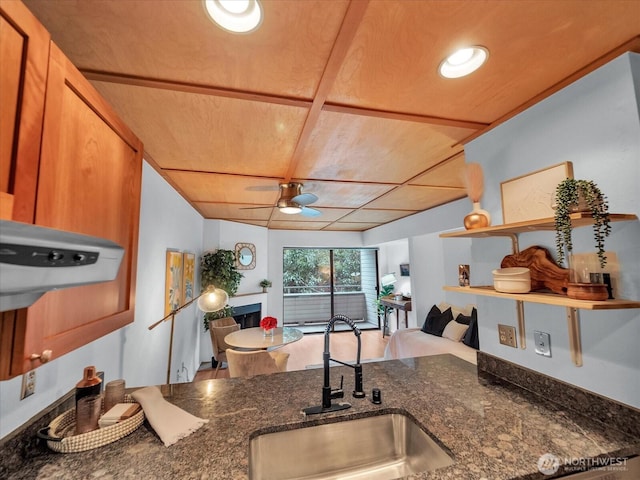 211 Summit Ave E Unit N308, Seattle, WA 98102 - kitchen with a ceiling fan, open shelves, a fireplace, dark stone countertops, and brown cabinets