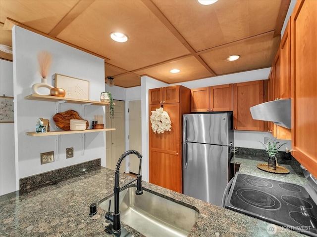 211 Summit Ave E Unit N308, Seattle, WA 98102 - kitchen featuring freestanding refrigerator, extractor fan, recessed lighting, brown cabinetry, and open shelves