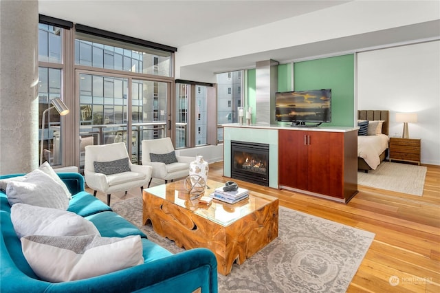 living room with expansive windows and light wood-type flooring