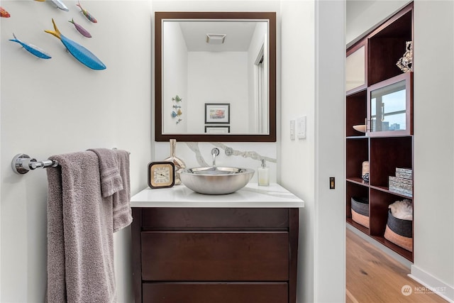 bathroom with hardwood / wood-style flooring and vanity