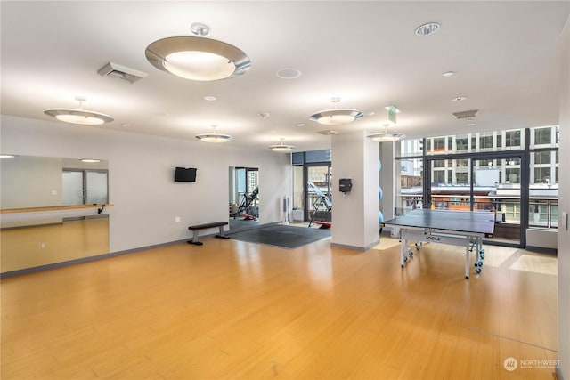 exercise room featuring a wall of windows and light hardwood / wood-style flooring