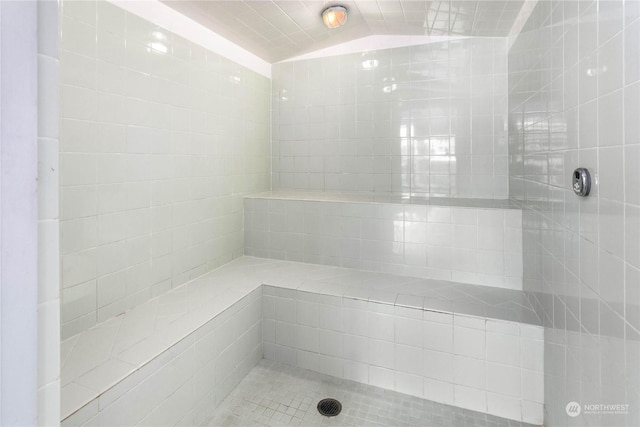 bathroom featuring lofted ceiling and a tile shower