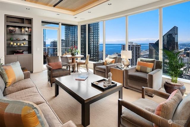 carpeted living room with a water view and built in features