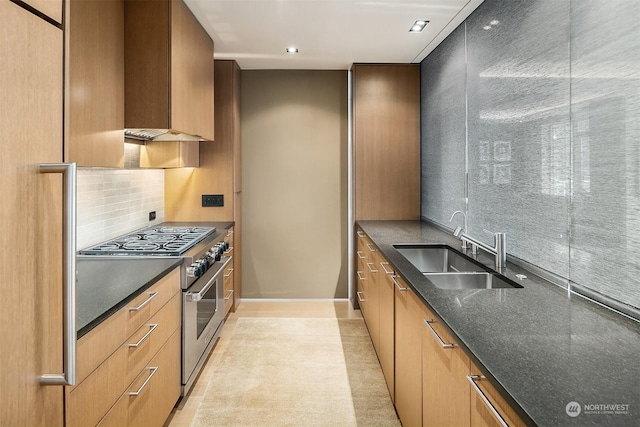 kitchen with tasteful backsplash, high end range, sink, and dark stone countertops