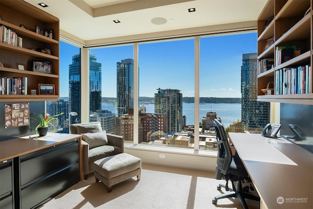 office area with a water view and carpet flooring