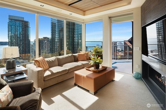 living room featuring a tray ceiling and carpet floors