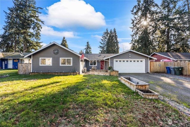 single story home with a garage and a front yard