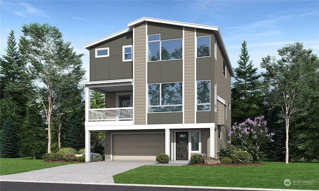 contemporary house featuring a balcony, a garage, and a front lawn