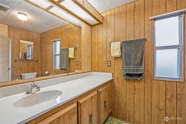 bathroom featuring vanity, toilet, and wood walls