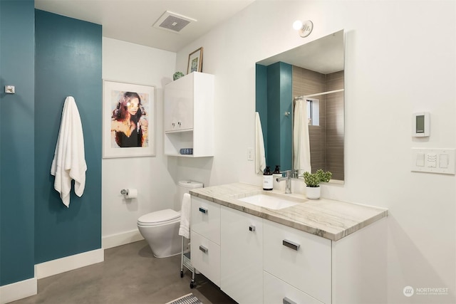 bathroom featuring vanity, curtained shower, concrete flooring, and toilet