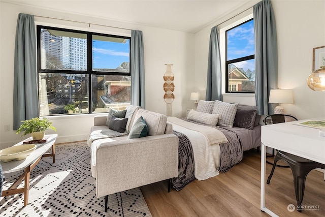 bedroom featuring multiple windows and light hardwood / wood-style flooring