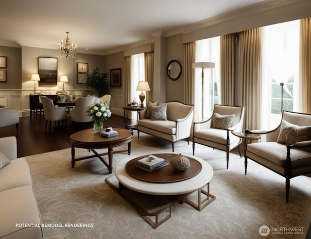 1021 34th Ave E, Seattle, WA 98112 - living area featuring ornamental molding, a chandelier, wood finished floors, a decorative wall, and wainscoting
