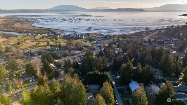 birds eye view of property featuring a water and mountain view