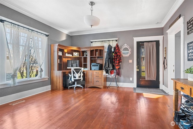 home office with ornamental molding and wood-type flooring