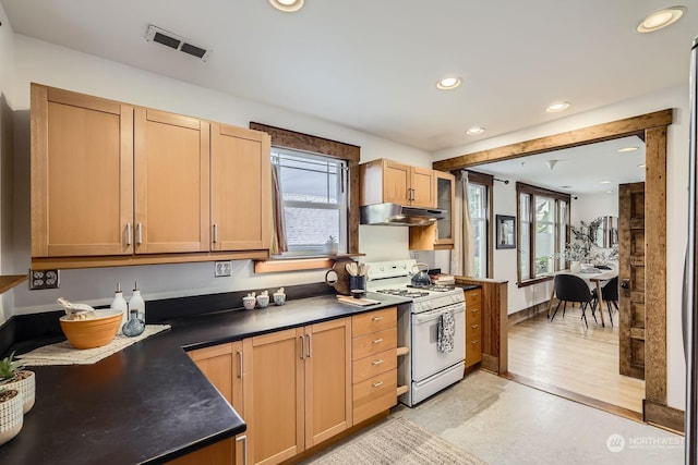 kitchen with white gas range oven