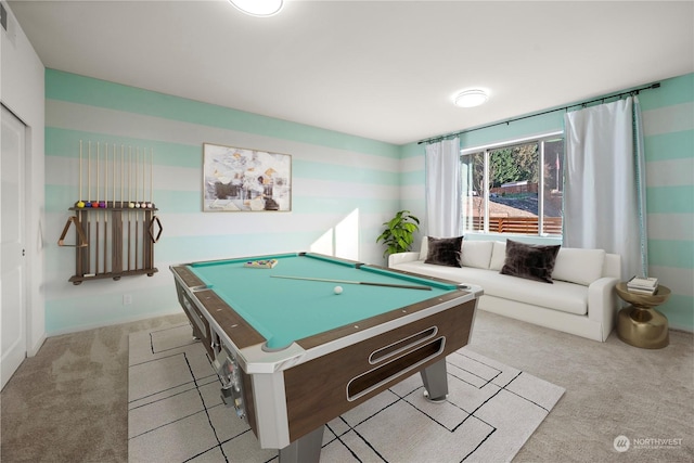 recreation room with pool table and light carpet