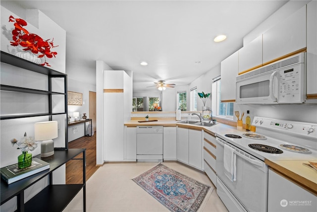 kitchen with white cabinetry, white appliances, ceiling fan, and sink