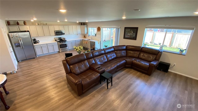 living room featuring sink, light hardwood / wood-style flooring, and a healthy amount of sunlight