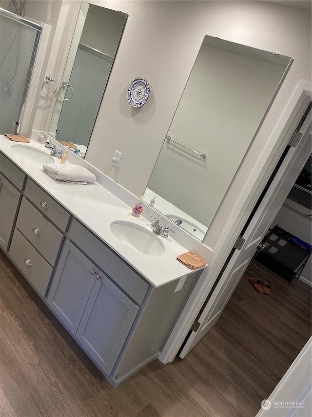 bathroom featuring vanity and hardwood / wood-style flooring