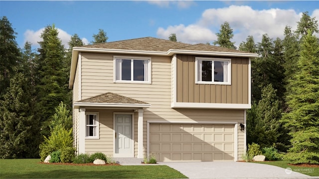 front facade featuring a garage and a front lawn