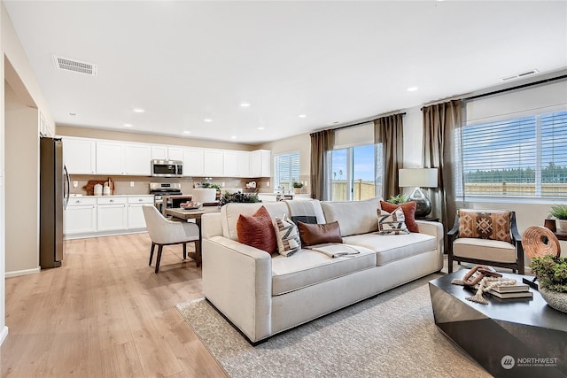 living room with light hardwood / wood-style flooring