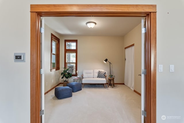 living area featuring light colored carpet