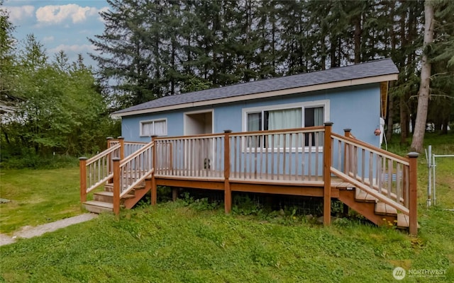 back of house featuring roof with shingles, a lawn, a wooden deck, and stairs