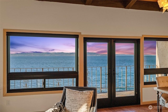 bedroom featuring a water and mountain view and wood-type flooring